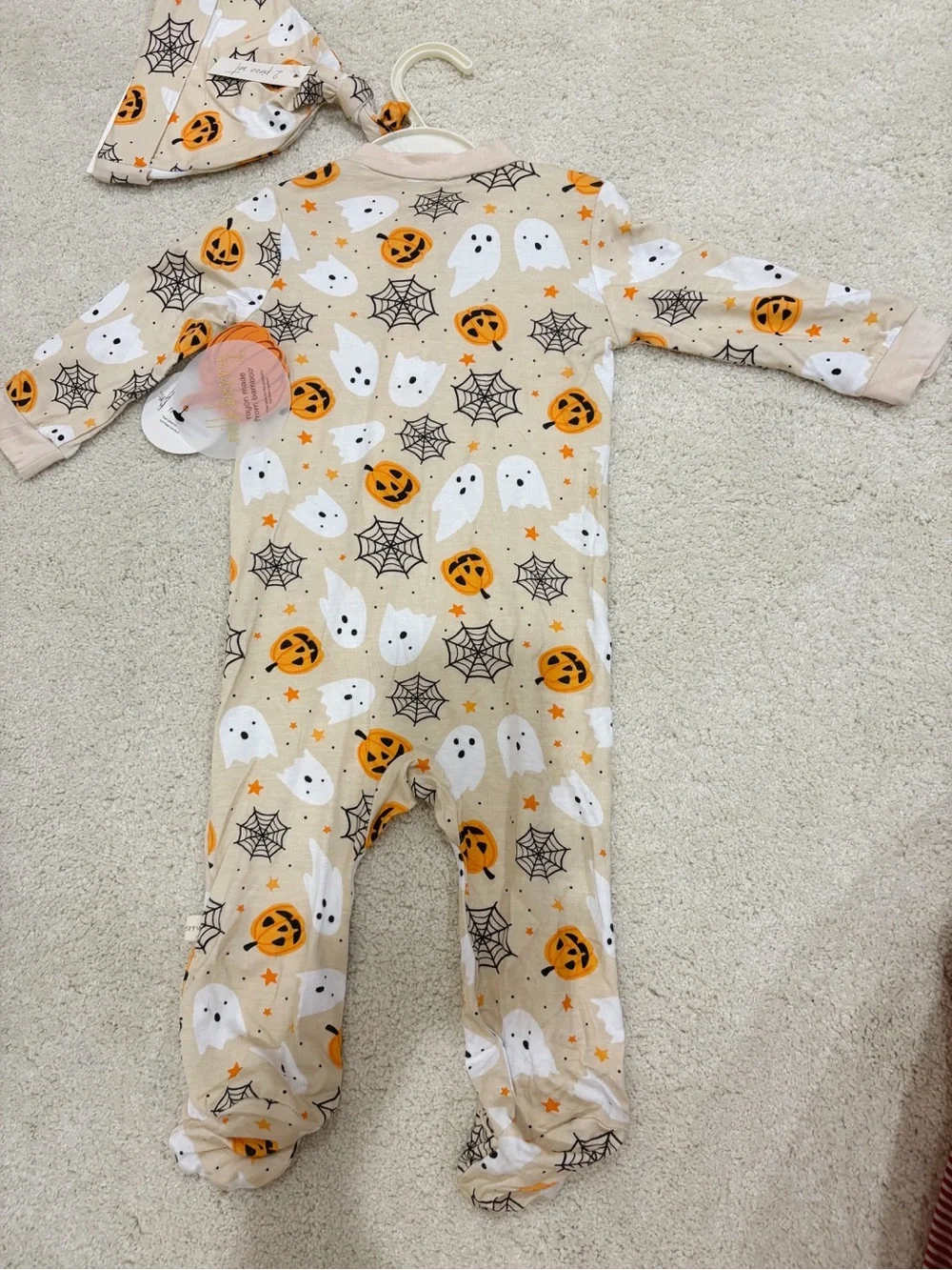 NWT Milkberry Halloween Pumpkin Ghost Spider Bamboo Zip Sleeper + Matching Hat